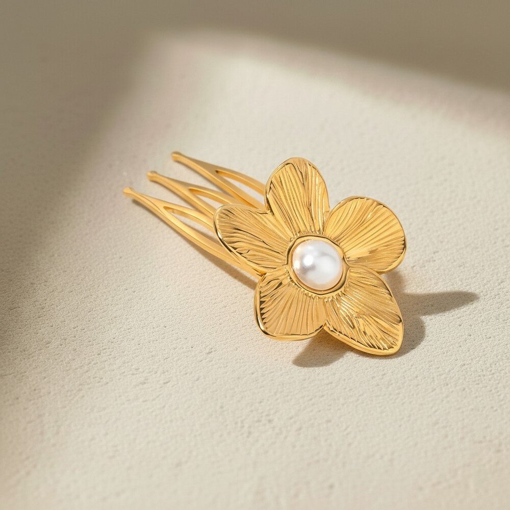 18K Gold Plated Stainless Steel Floral Hair Comb Barrette Pearl Statement Clip